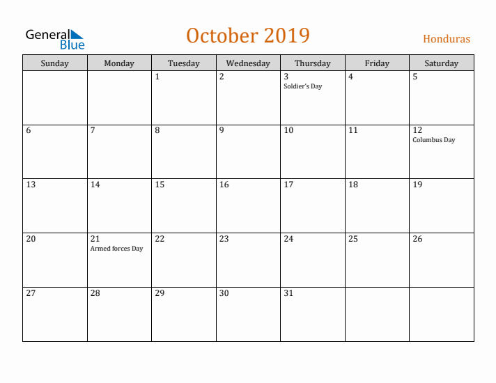 October 2019 Holiday Calendar with Sunday Start