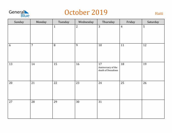 October 2019 Holiday Calendar with Sunday Start