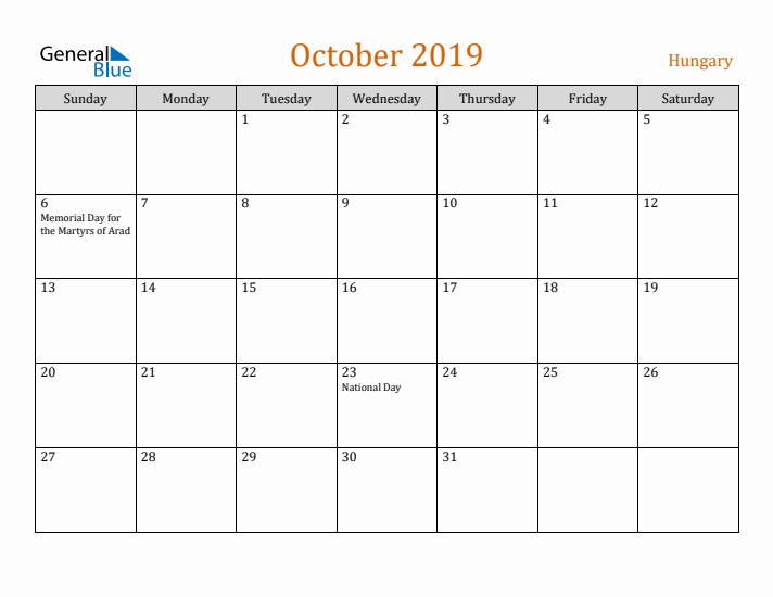 October 2019 Holiday Calendar with Sunday Start