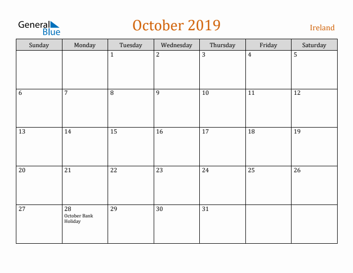 October 2019 Holiday Calendar with Sunday Start