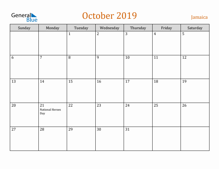 October 2019 Holiday Calendar with Sunday Start