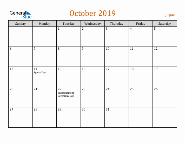 October 2019 Holiday Calendar with Sunday Start