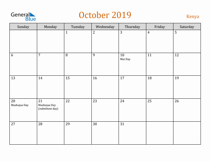 October 2019 Holiday Calendar with Sunday Start