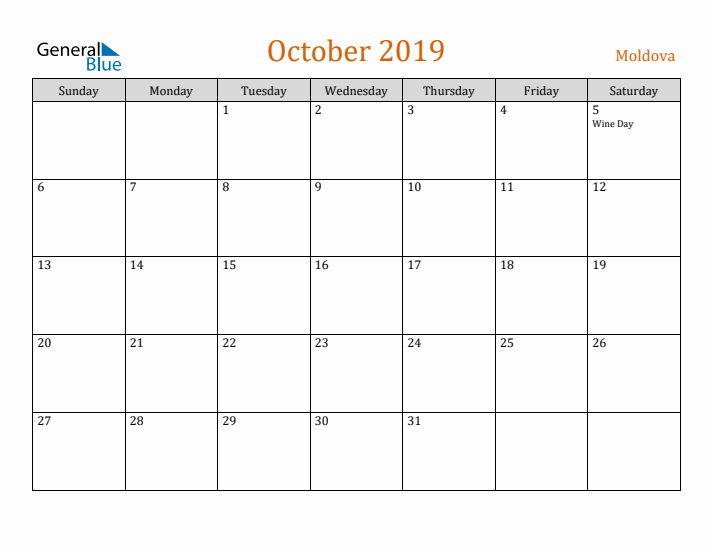 October 2019 Holiday Calendar with Sunday Start