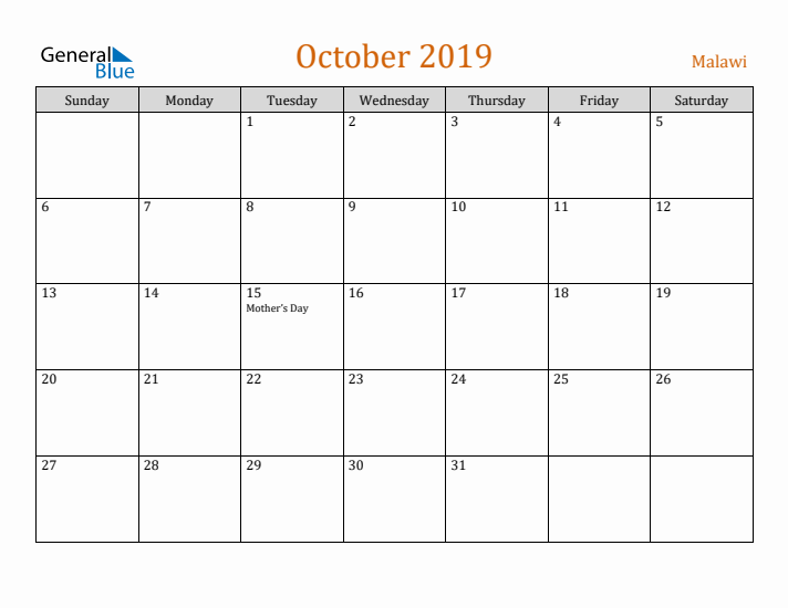 October 2019 Holiday Calendar with Sunday Start