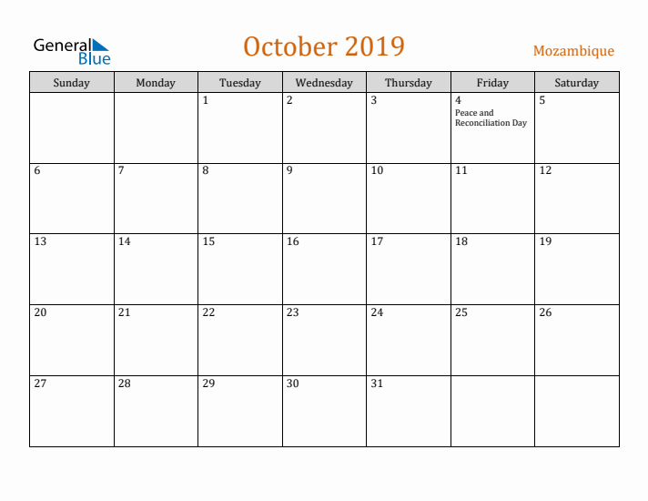 October 2019 Holiday Calendar with Sunday Start