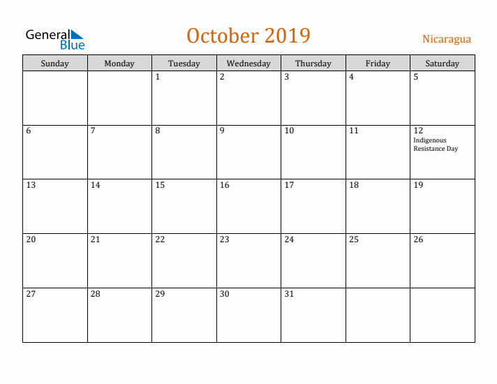 October 2019 Holiday Calendar with Sunday Start