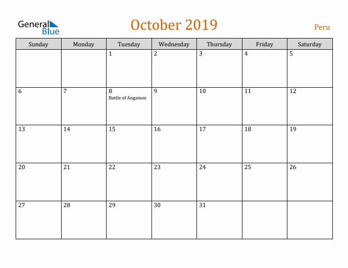 October 2019 Holiday Calendar with Sunday Start