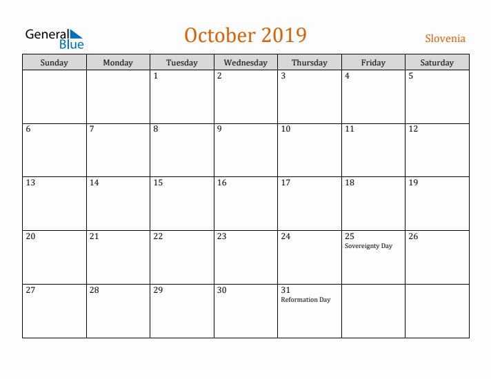 October 2019 Holiday Calendar with Sunday Start