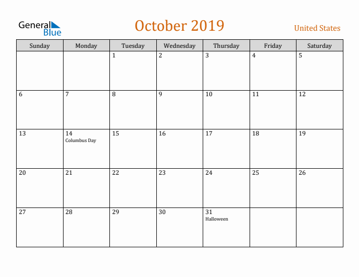 October 2019 Holiday Calendar with Sunday Start