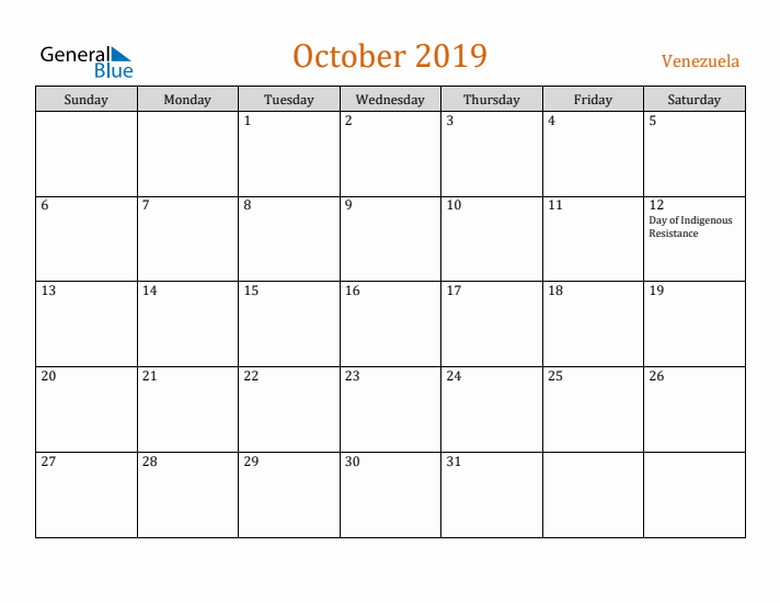 October 2019 Holiday Calendar with Sunday Start