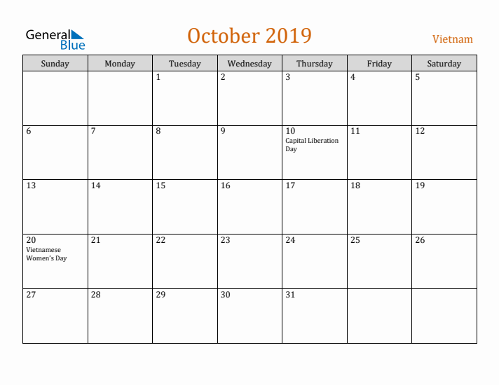 October 2019 Holiday Calendar with Sunday Start