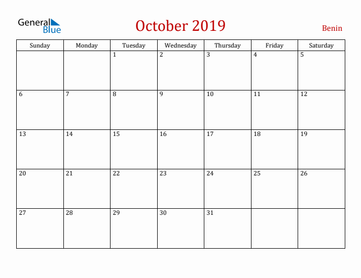 Benin October 2019 Calendar - Sunday Start