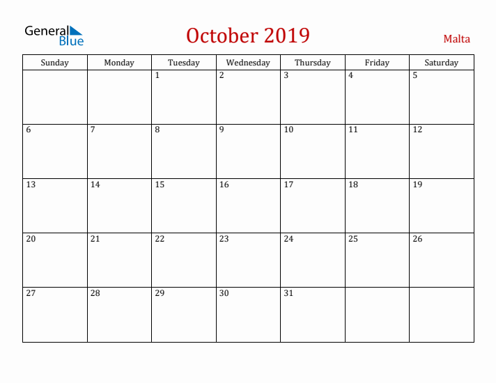 Malta October 2019 Calendar - Sunday Start