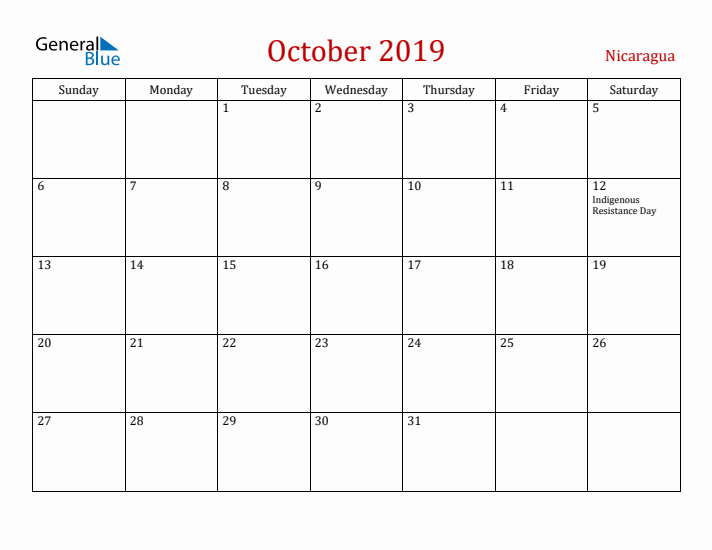 Nicaragua October 2019 Calendar - Sunday Start