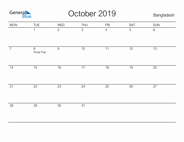 Printable October 2019 Calendar for Bangladesh