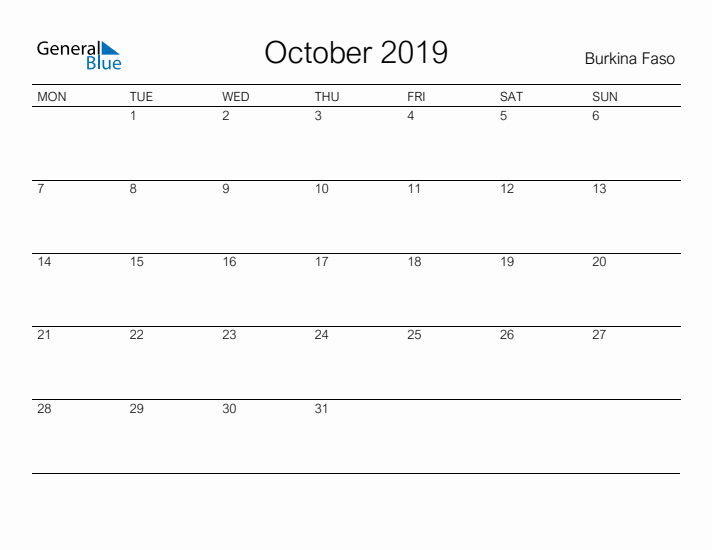 Printable October 2019 Calendar for Burkina Faso