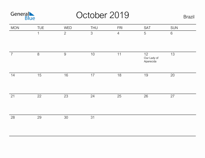 Printable October 2019 Calendar for Brazil