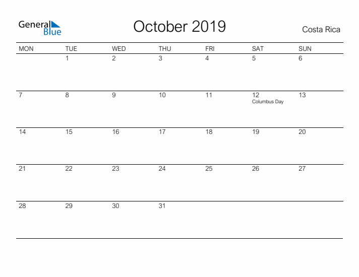 Printable October 2019 Calendar for Costa Rica