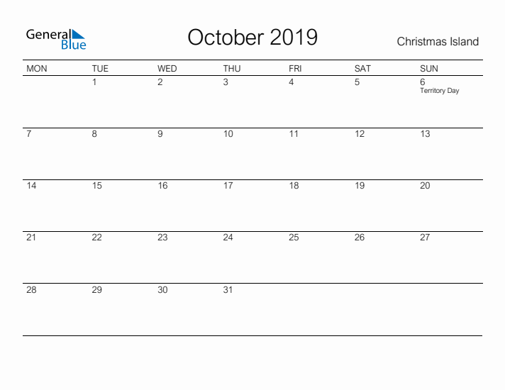 Printable October 2019 Calendar for Christmas Island