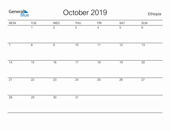 Printable October 2019 Calendar for Ethiopia