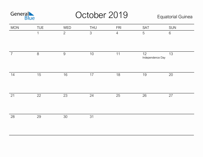 Printable October 2019 Calendar for Equatorial Guinea