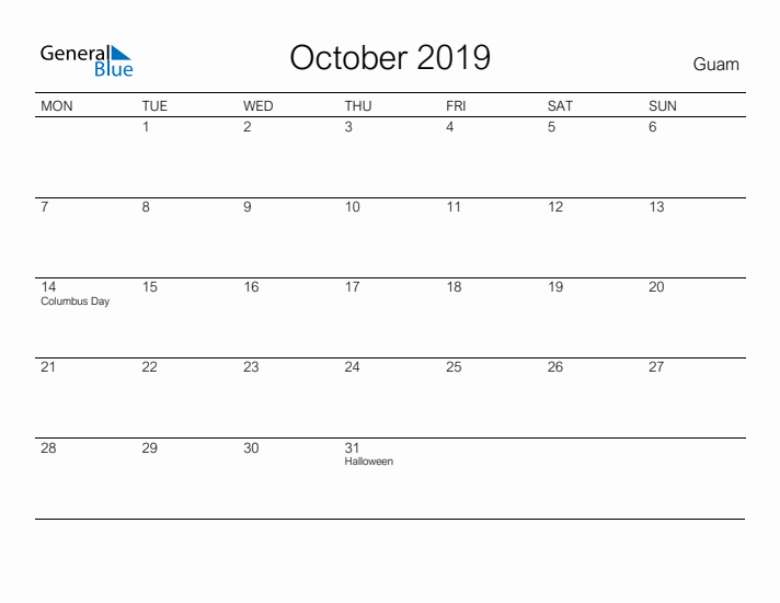 Printable October 2019 Calendar for Guam