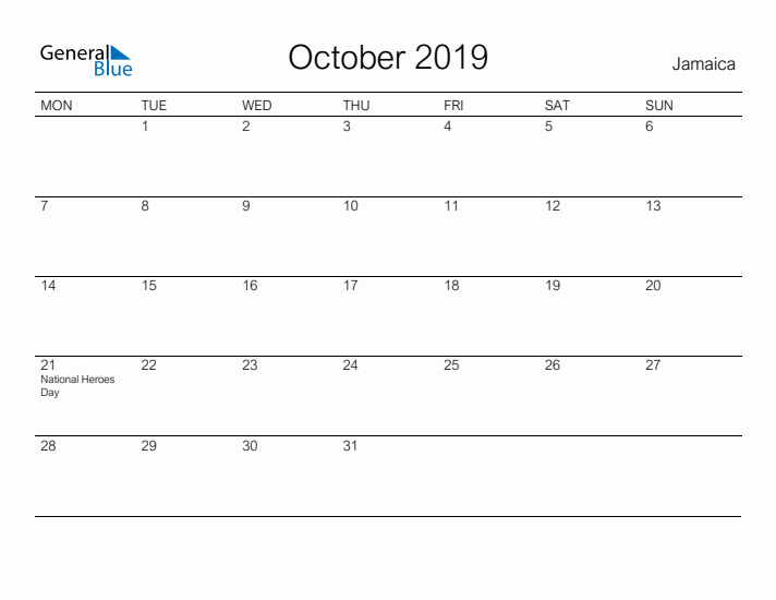 Printable October 2019 Calendar for Jamaica