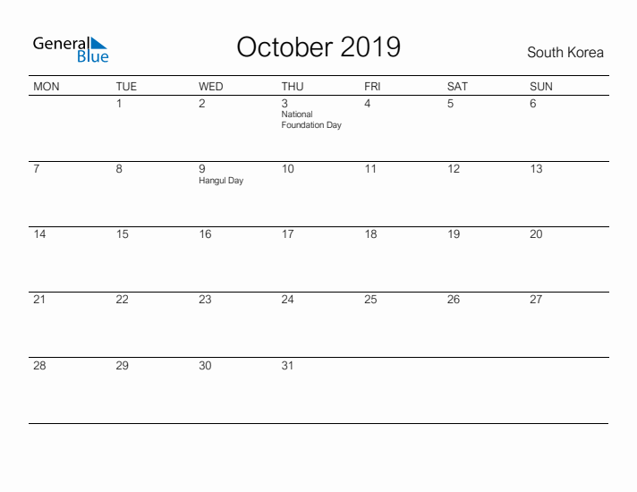 Printable October 2019 Calendar for South Korea