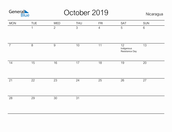 Printable October 2019 Calendar for Nicaragua