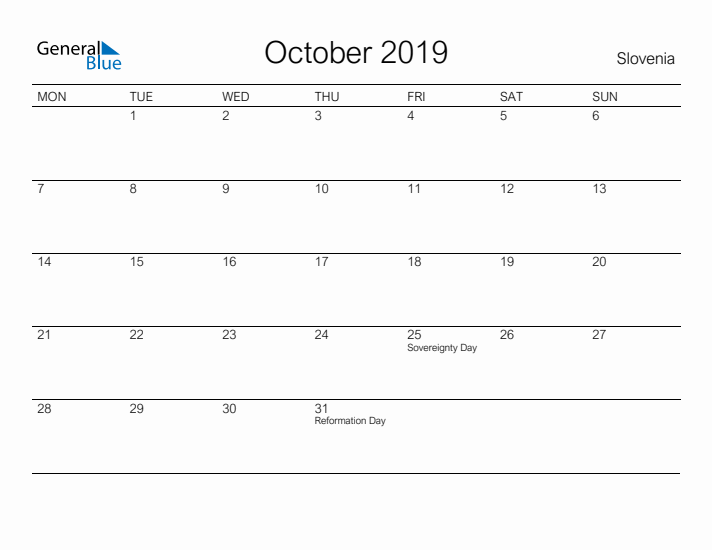 Printable October 2019 Calendar for Slovenia