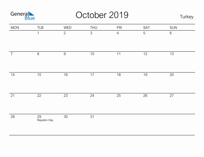 Printable October 2019 Calendar for Turkey