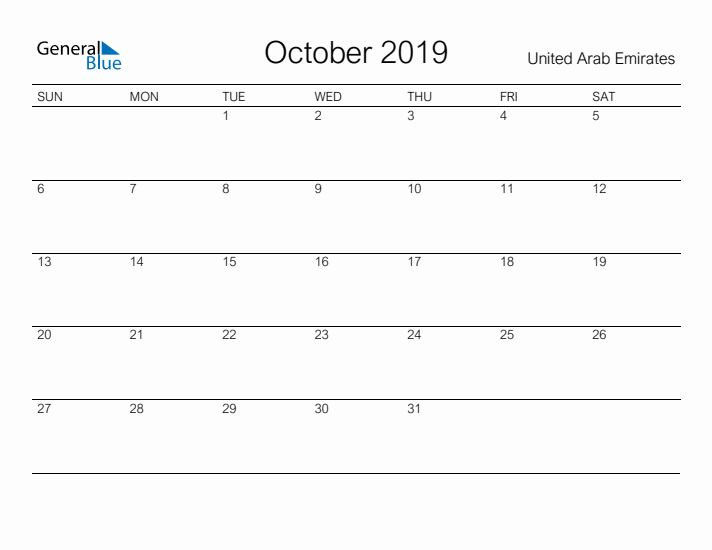 Printable October 2019 Calendar for United Arab Emirates