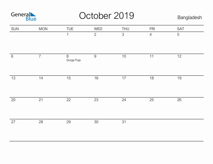 Printable October 2019 Calendar for Bangladesh