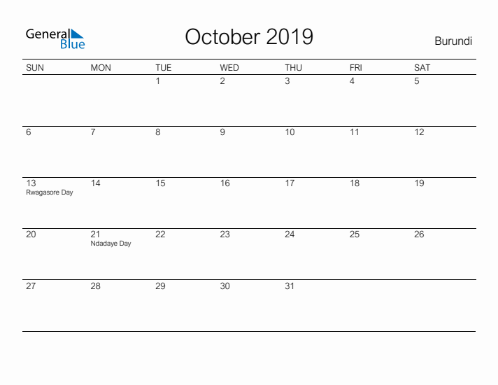 Printable October 2019 Calendar for Burundi