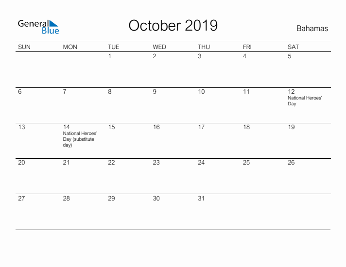 Printable October 2019 Calendar for Bahamas