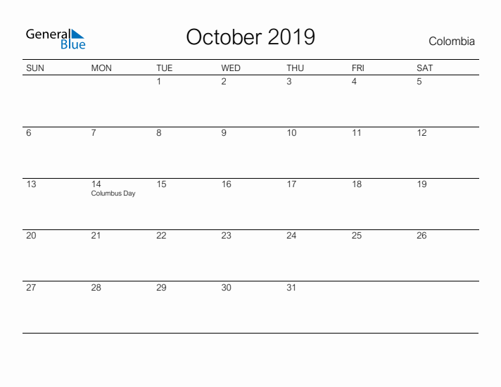 Printable October 2019 Calendar for Colombia