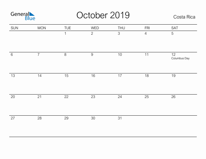 Printable October 2019 Calendar for Costa Rica