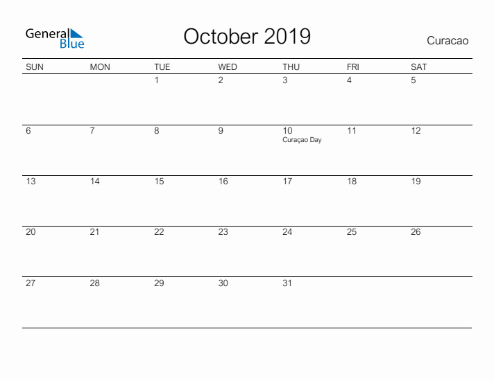 Printable October 2019 Calendar for Curacao