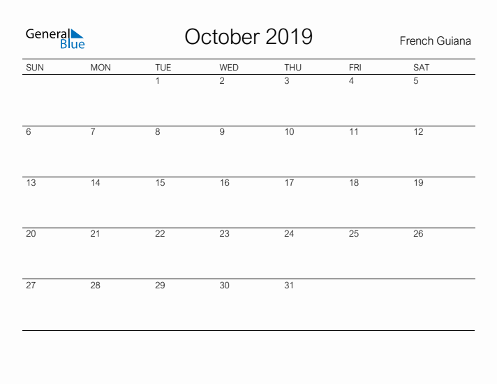 Printable October 2019 Calendar for French Guiana