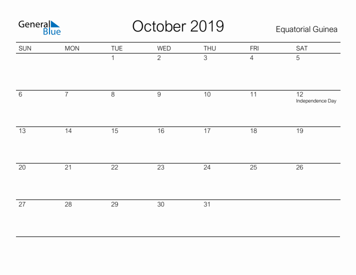 Printable October 2019 Calendar for Equatorial Guinea