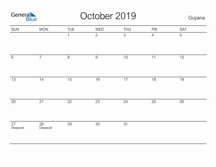 Printable October 2019 Calendar for Guyana