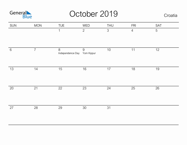 Printable October 2019 Calendar for Croatia