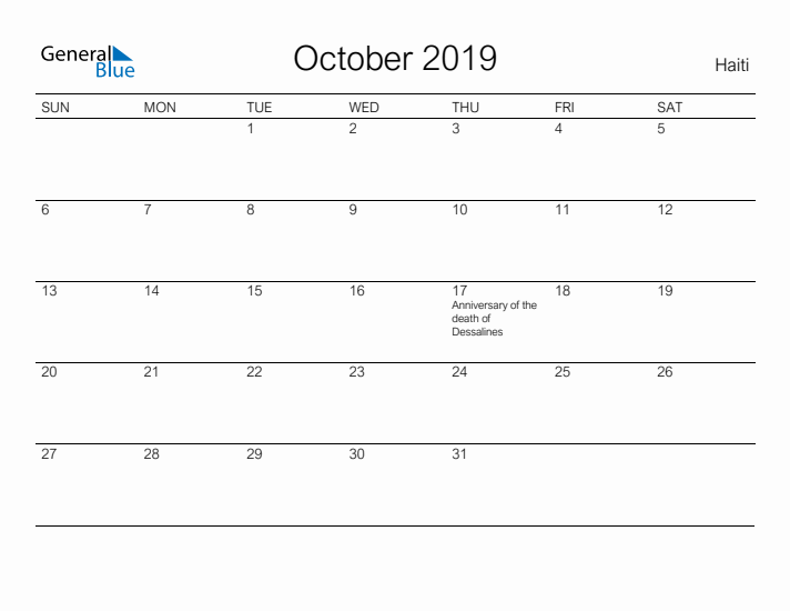 Printable October 2019 Calendar for Haiti