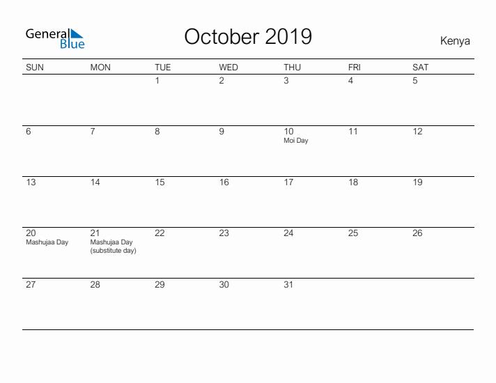 Printable October 2019 Calendar for Kenya