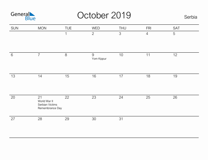 Printable October 2019 Calendar for Serbia