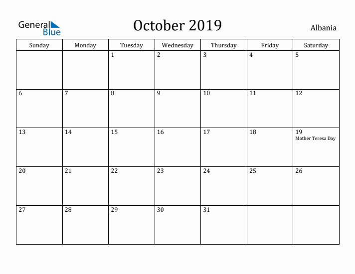 October 2019 Calendar Albania