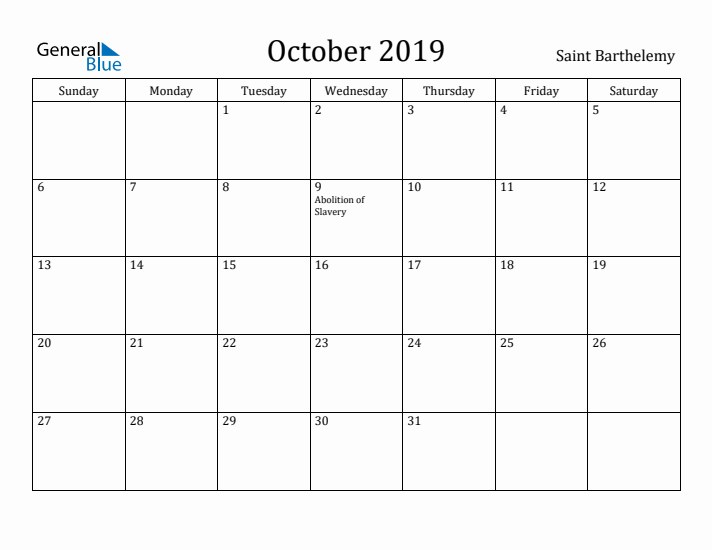 October 2019 Calendar Saint Barthelemy