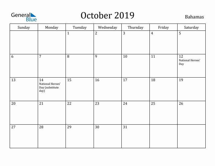 October 2019 Calendar Bahamas