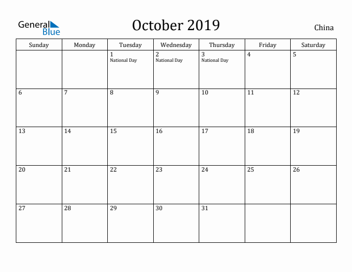 October 2019 Calendar China